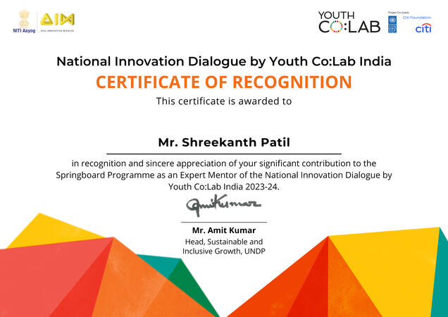 United Nations DP - Youth Co:Lab Shreekant Patil Startup India Mentor at Youth Co:Lab - UNDP