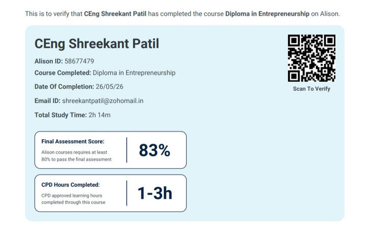 CEng. Shreekant Patil Diploma in Entrepreneurship CEng Shreekant Patil, Graduate Engineer and completed Diploma in Sustainable Business.