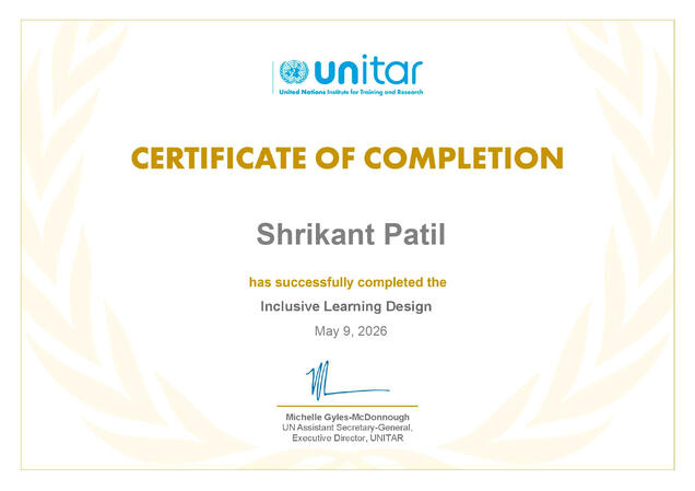 Shreekant Patil Master Trainer - 𝐔𝐧𝐢𝐭𝐞𝐝 𝐍𝐚𝐭𝐢𝐨𝐧𝐬 𝐈𝐧𝐬𝐭𝐢𝐭𝐮𝐭𝐞 𝐟𝐨𝐫 𝐓𝐫𝐚𝐢𝐧𝐢𝐧𝐠 𝐚𝐧𝐝 𝐑𝐞𝐬𝐞𝐚𝐫𝐜𝐡 (𝐔𝐍𝐈𝐓𝐀𝐑) Shreekant Patil - Master Trainer at NSDC, Skill India, MSBSVET
