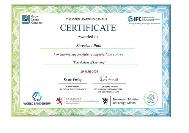 Certified Trainer by IFC - World Bank Group Shreekant Patil Certified Trainer by IFC - World Bank Group