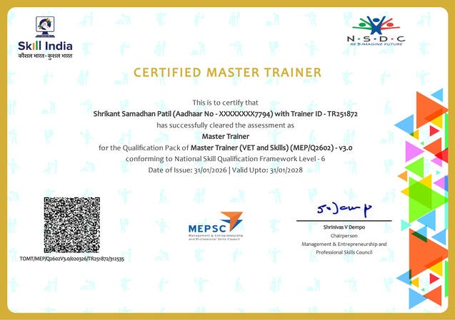 Master Trainer - NSDC: Skill India Shreekant Patil - Master Trainer at NSDC, Skill India, MSBSVET